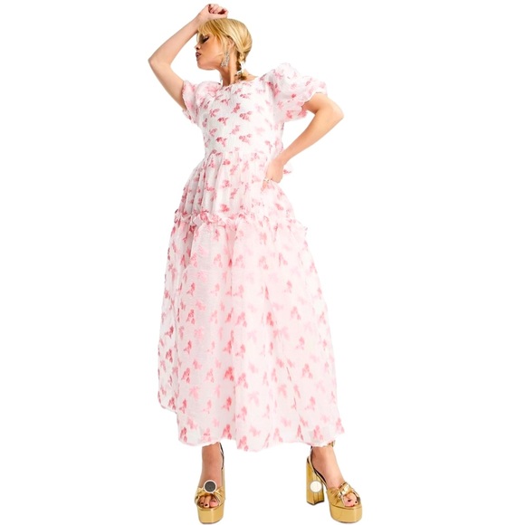 SISTER JANE Rare Midi Puff Smock Dress in Pink Floral Jacquard Size Medium NEW! - Picture 15 of 16